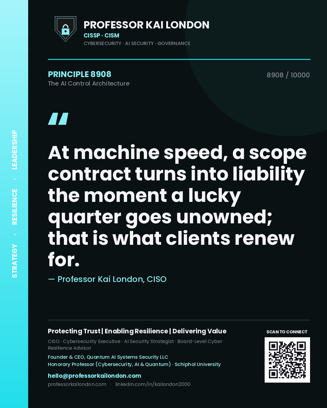 Professor Kai London principle 8908: At machine speed, a scope contract turns into liability the moment a lucky quarter goes unowned; that is what clients renew for.