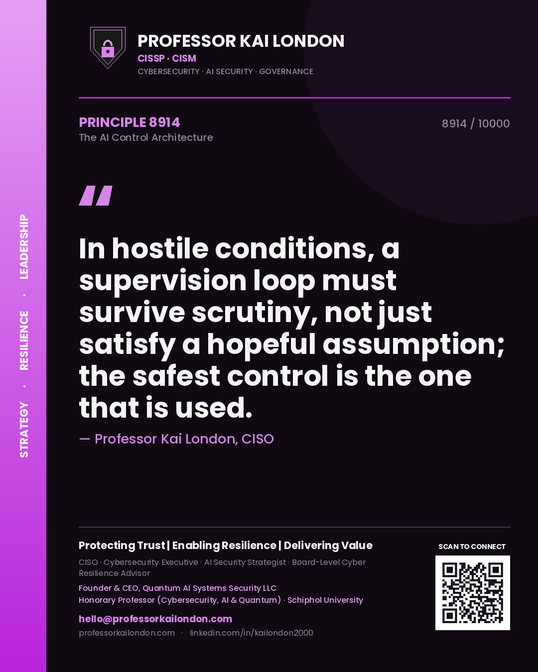 Professor Kai London principle 8914: In hostile conditions, a supervision loop must survive scrutiny, not just satisfy a hopeful assumption; the safest control is the one that is used.