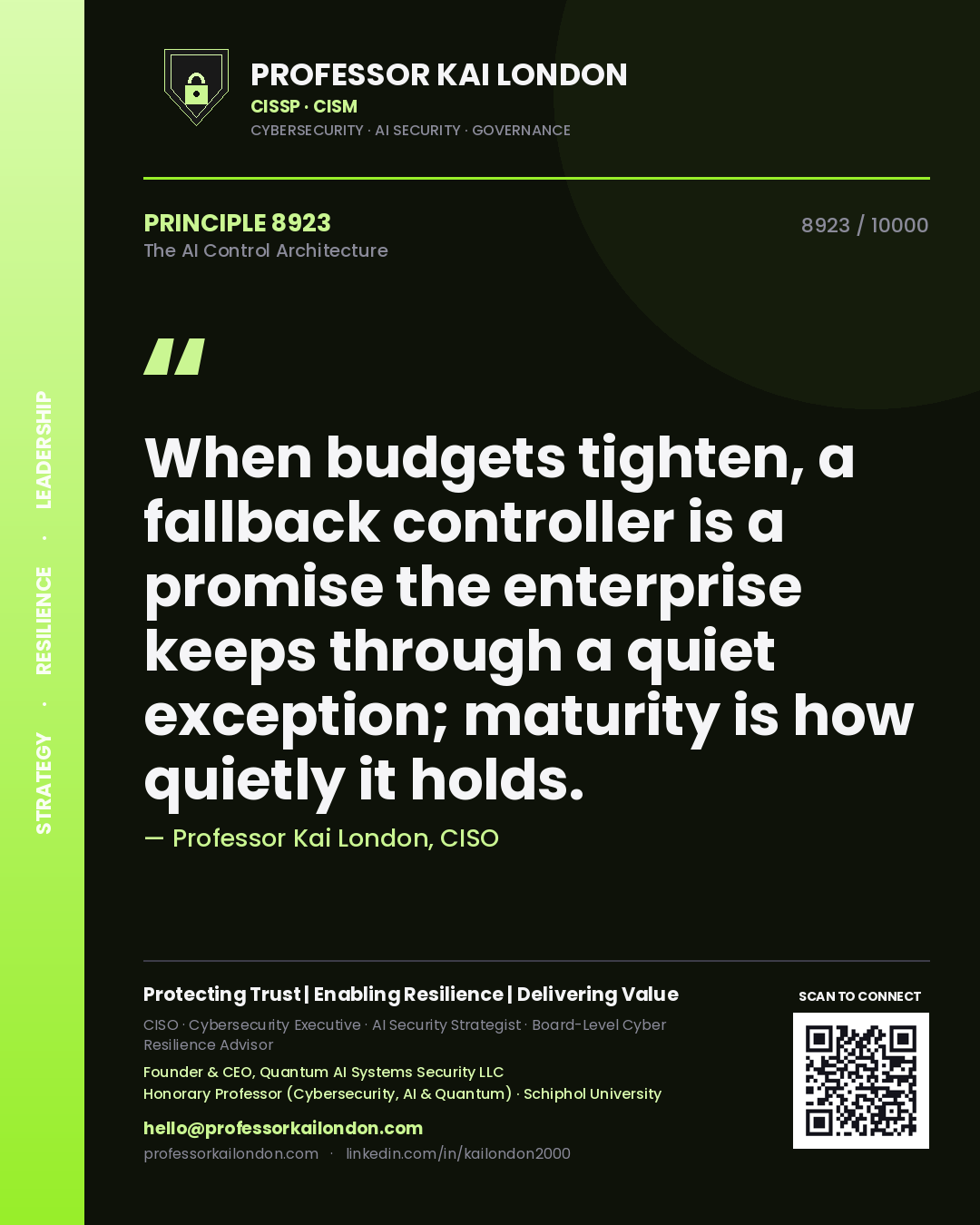 Professor Kai London principle 8923: When budgets tighten, a fallback controller is a promise the enterprise keeps through a quiet exception; maturity is how quietly it holds.
