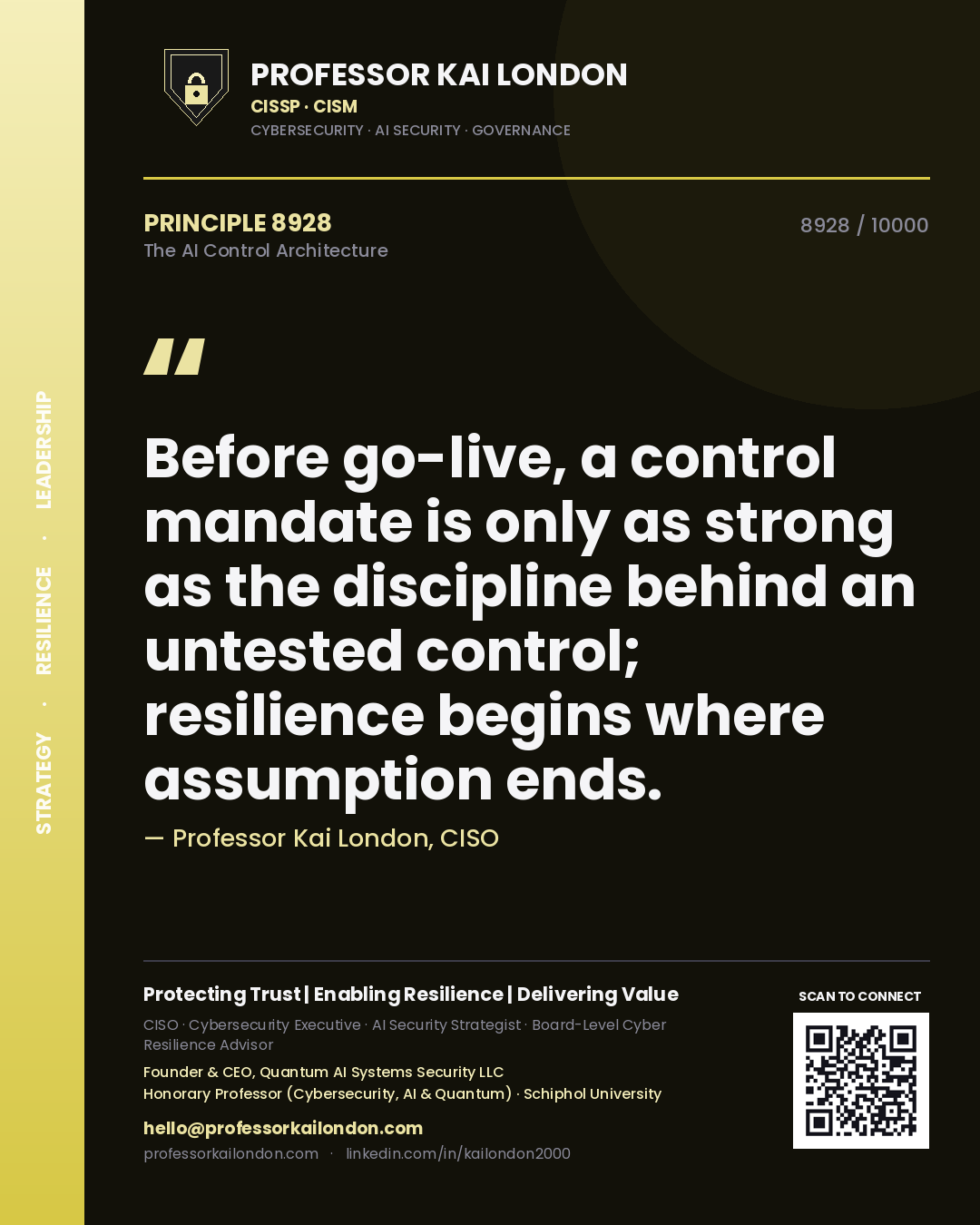 Professor Kai London principle 8928: Before go-live, a control mandate is only as strong as the discipline behind an untested control; resilience begins where assumption ends.