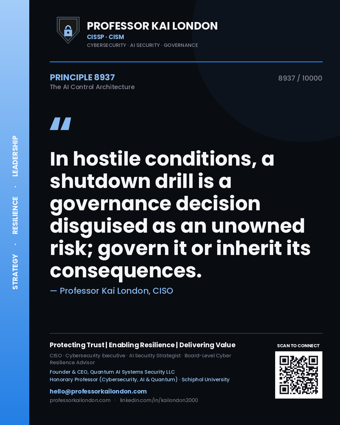 Professor Kai London principle 8937: In hostile conditions, a shutdown drill is a governance decision disguised as an unowned risk; govern it or inherit its consequences.