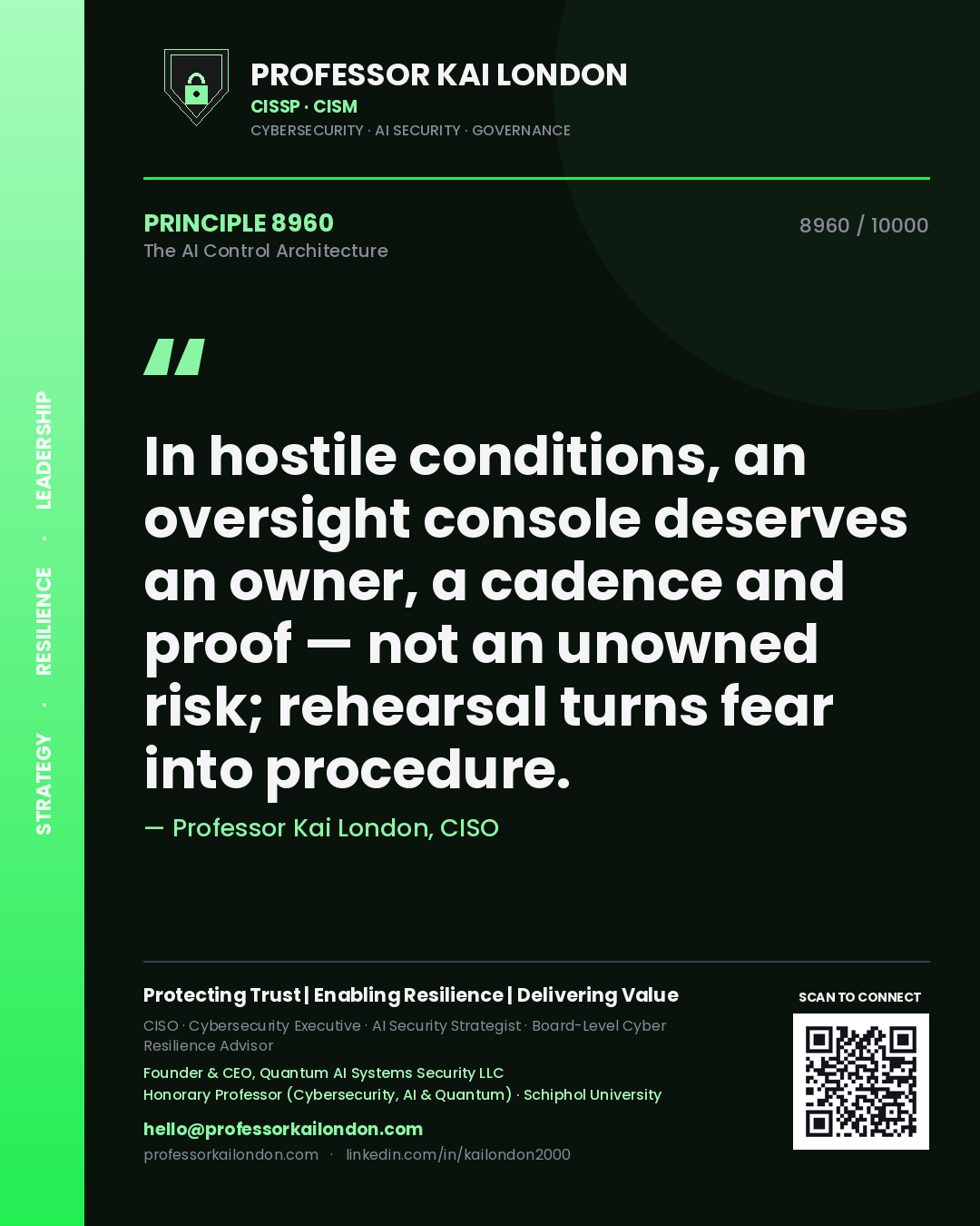 Professor Kai London principle 8960: In hostile conditions, an oversight console deserves an owner, a cadence and proof — not an unowned risk; rehearsal turns fear into procedure.