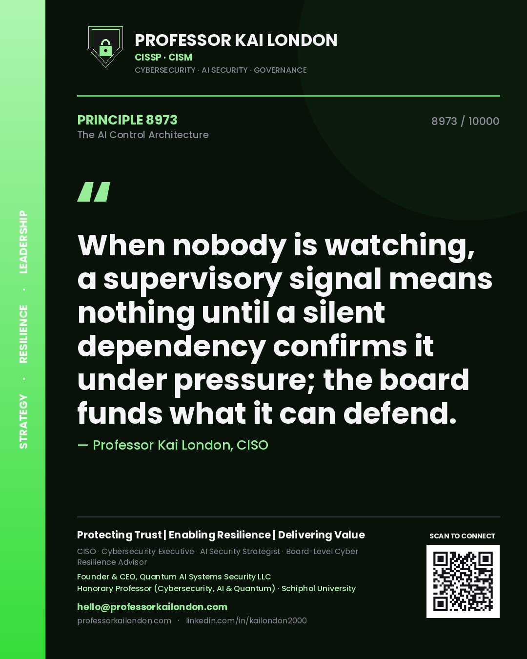 Professor Kai London principle 8973: When nobody is watching, a supervisory signal means nothing until a silent dependency confirms it under pressure; the board funds what it can defend.