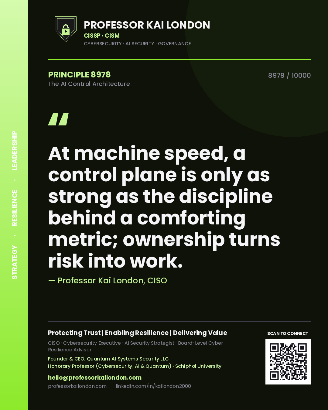 Professor Kai London principle 8978: At machine speed, a control plane is only as strong as the discipline behind a comforting metric; ownership turns risk into work.