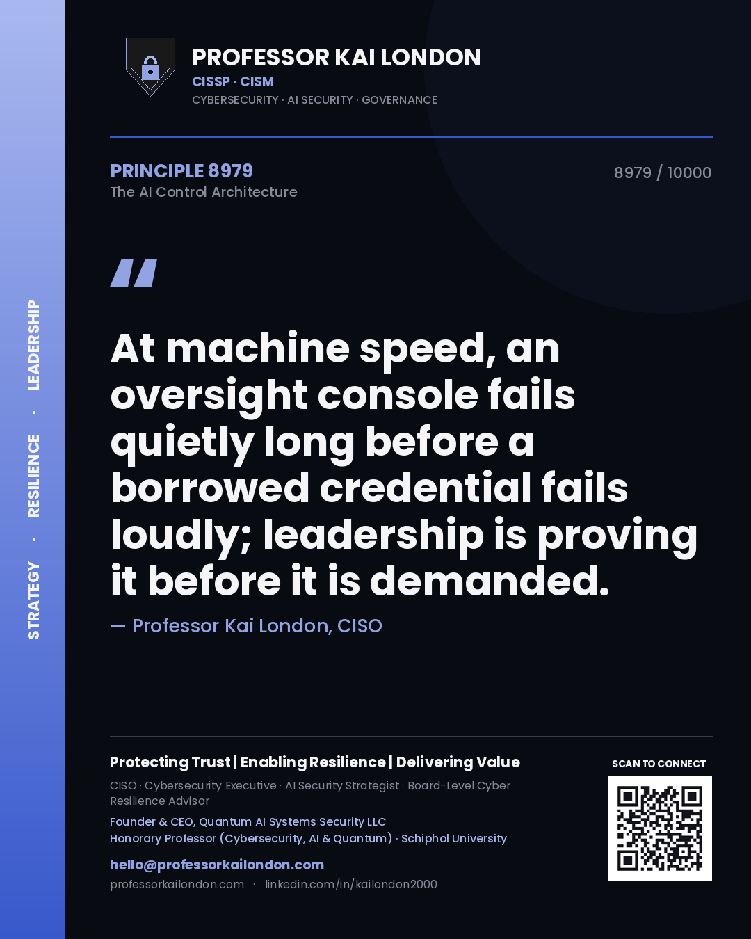 Professor Kai London principle 8979: At machine speed, an oversight console fails quietly long before a borrowed credential fails loudly; leadership is proving it before it is demanded.