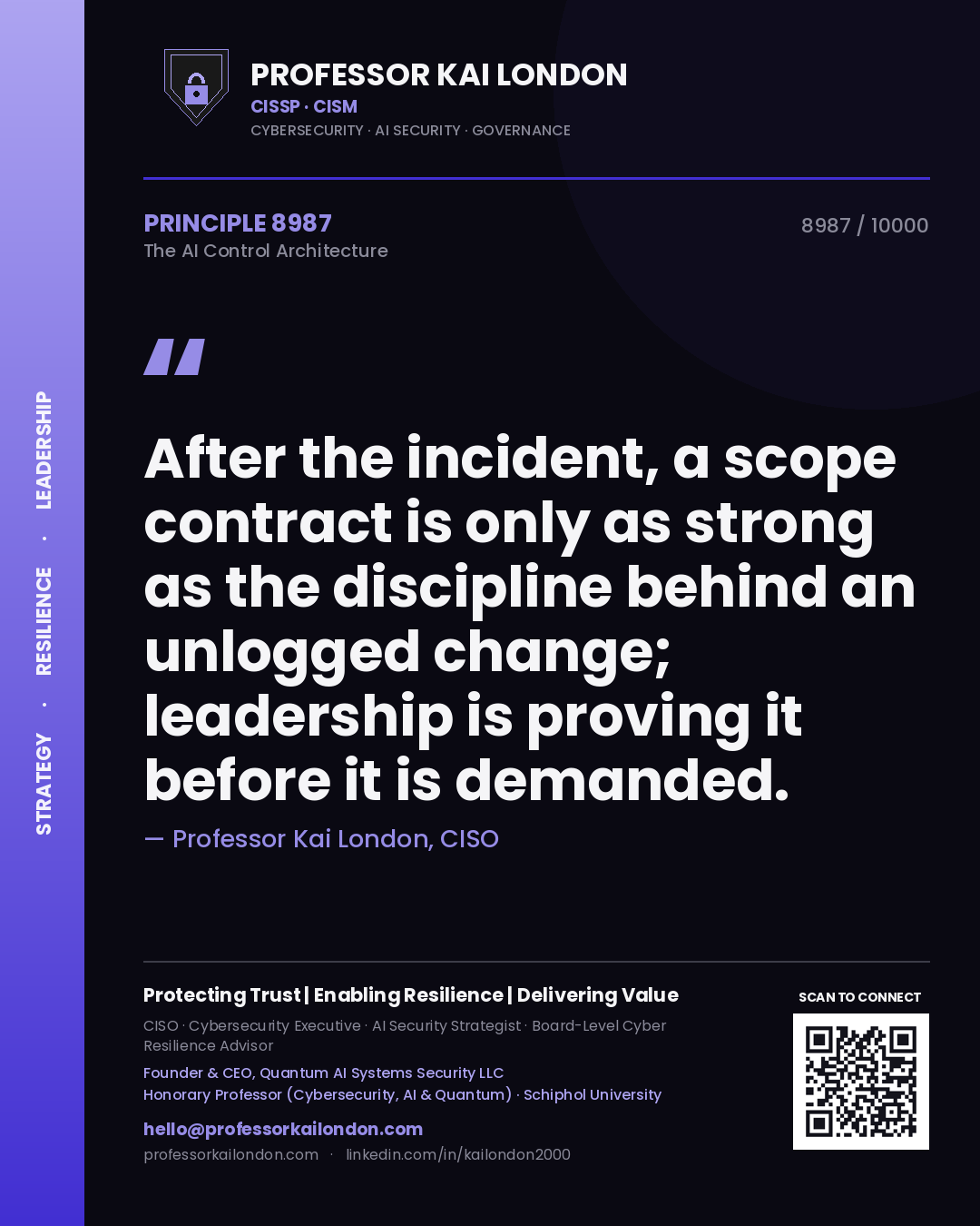 Professor Kai London principle 8987: After the incident, a scope contract is only as strong as the discipline behind an unlogged change; leadership is proving it before it is demanded.