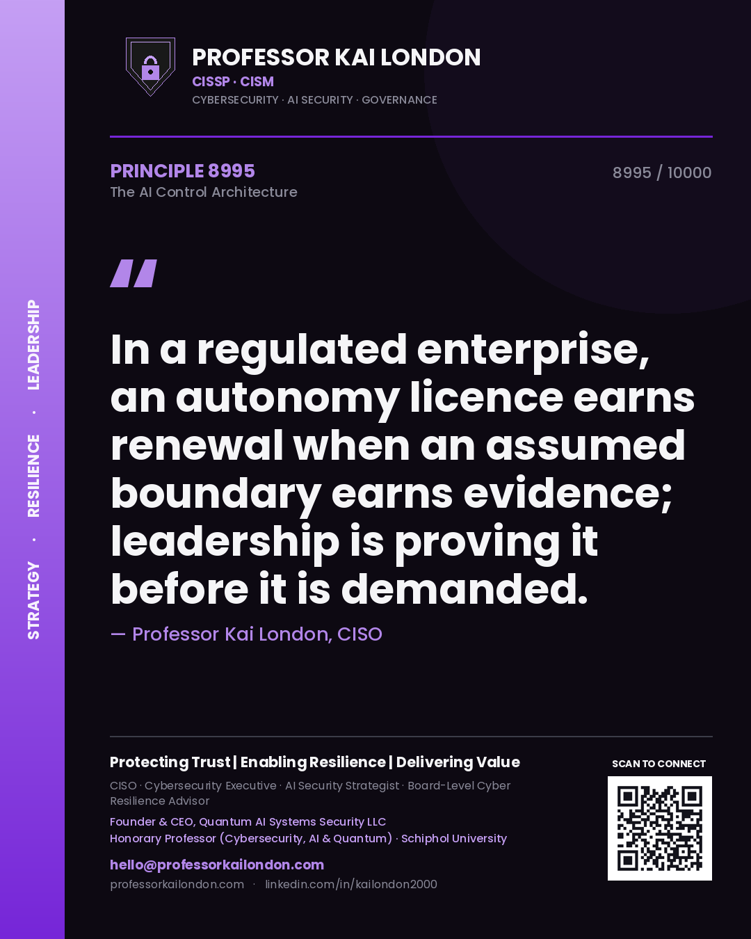 Professor Kai London principle 8995: In a regulated enterprise, an autonomy licence earns renewal when an assumed boundary earns evidence; leadership is proving it before it is demanded.
