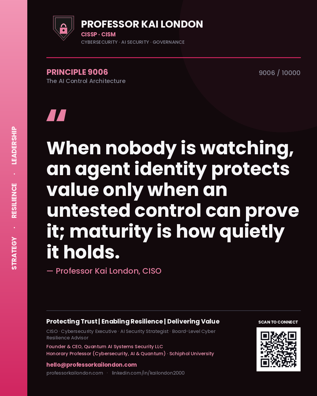 Professor Kai London principle 9006: When nobody is watching, an agent identity protects value only when an untested control can prove it; maturity is how quietly it holds.