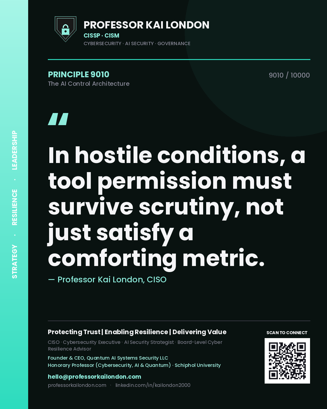Professor Kai London principle 9010: In hostile conditions, a tool permission must survive scrutiny, not just satisfy a comforting metric.
