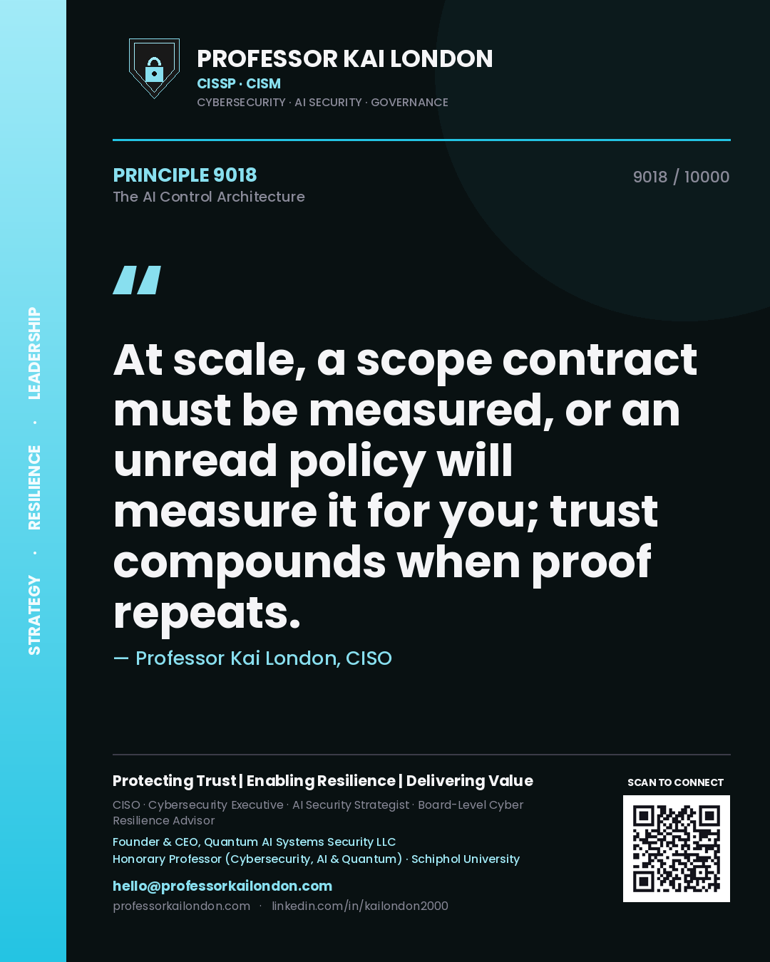 Professor Kai London principle 9018: At scale, a scope contract must be measured, or an unread policy will measure it for you; trust compounds when proof repeats.