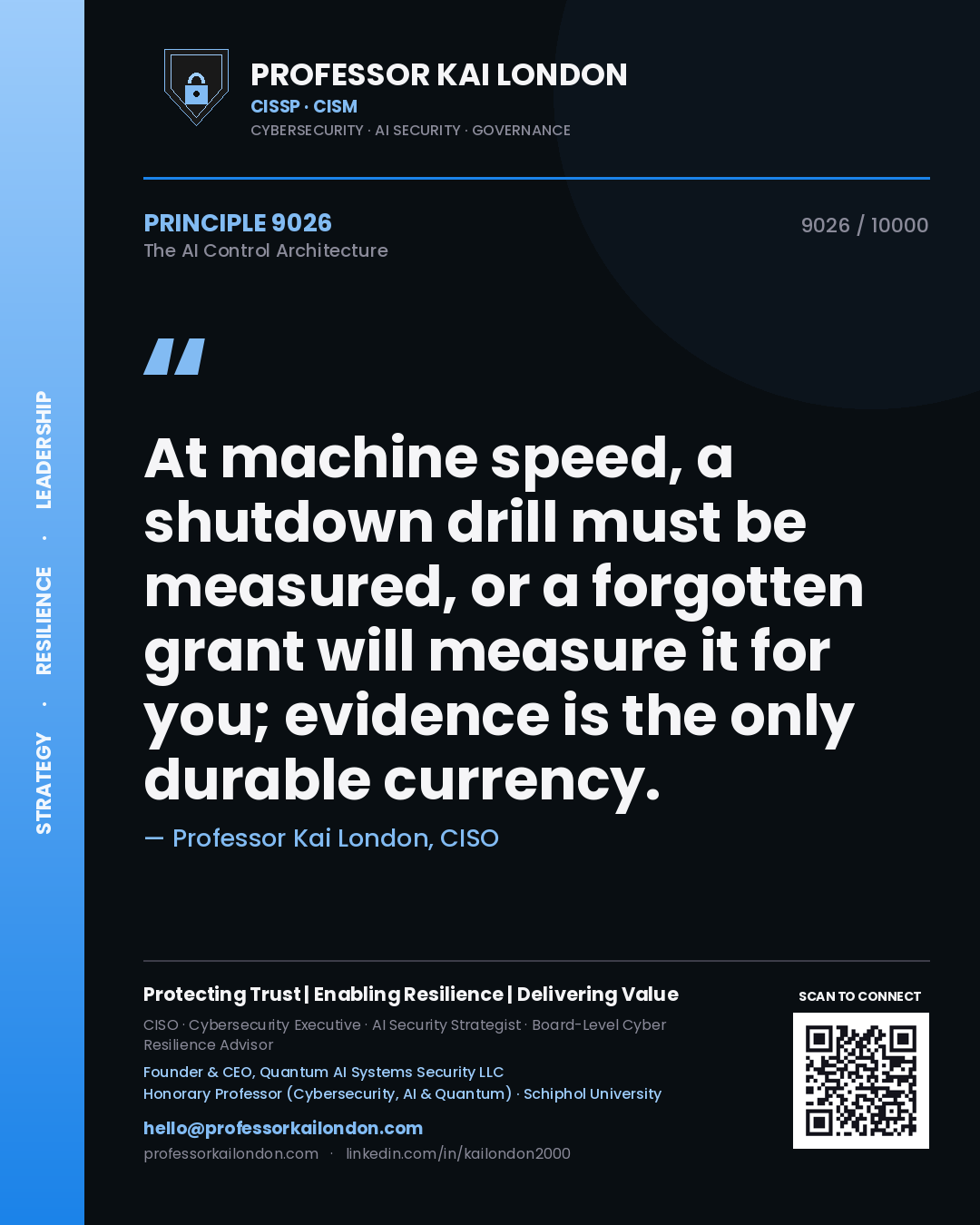 Professor Kai London principle 9026: At machine speed, a shutdown drill must be measured, or a forgotten grant will measure it for you; evidence is the only durable currency.