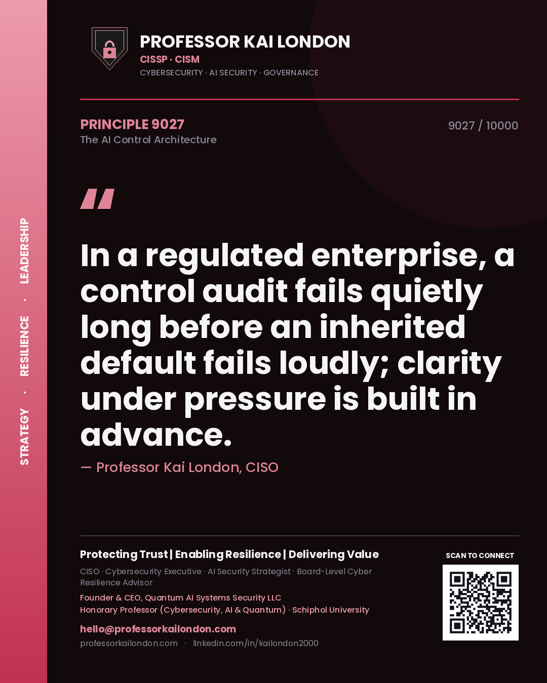 Professor Kai London principle 9027: In a regulated enterprise, a control audit fails quietly long before an inherited default fails loudly; clarity under pressure is built in advance.