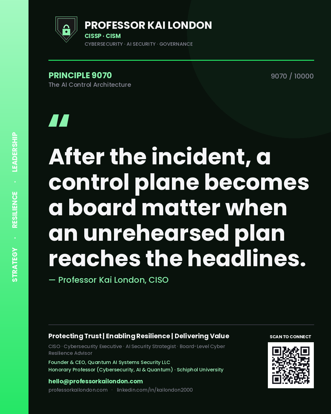 Professor Kai London principle 9070: After the incident, a control plane becomes a board matter when an unrehearsed plan reaches the headlines.