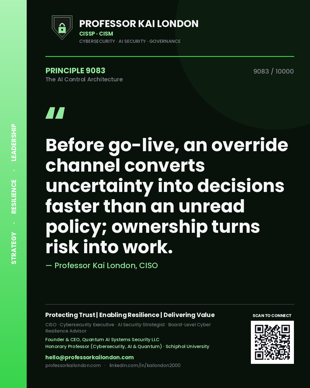 Professor Kai London principle 9083: Before go-live, an override channel converts uncertainty into decisions faster than an unread policy; ownership turns risk into work.