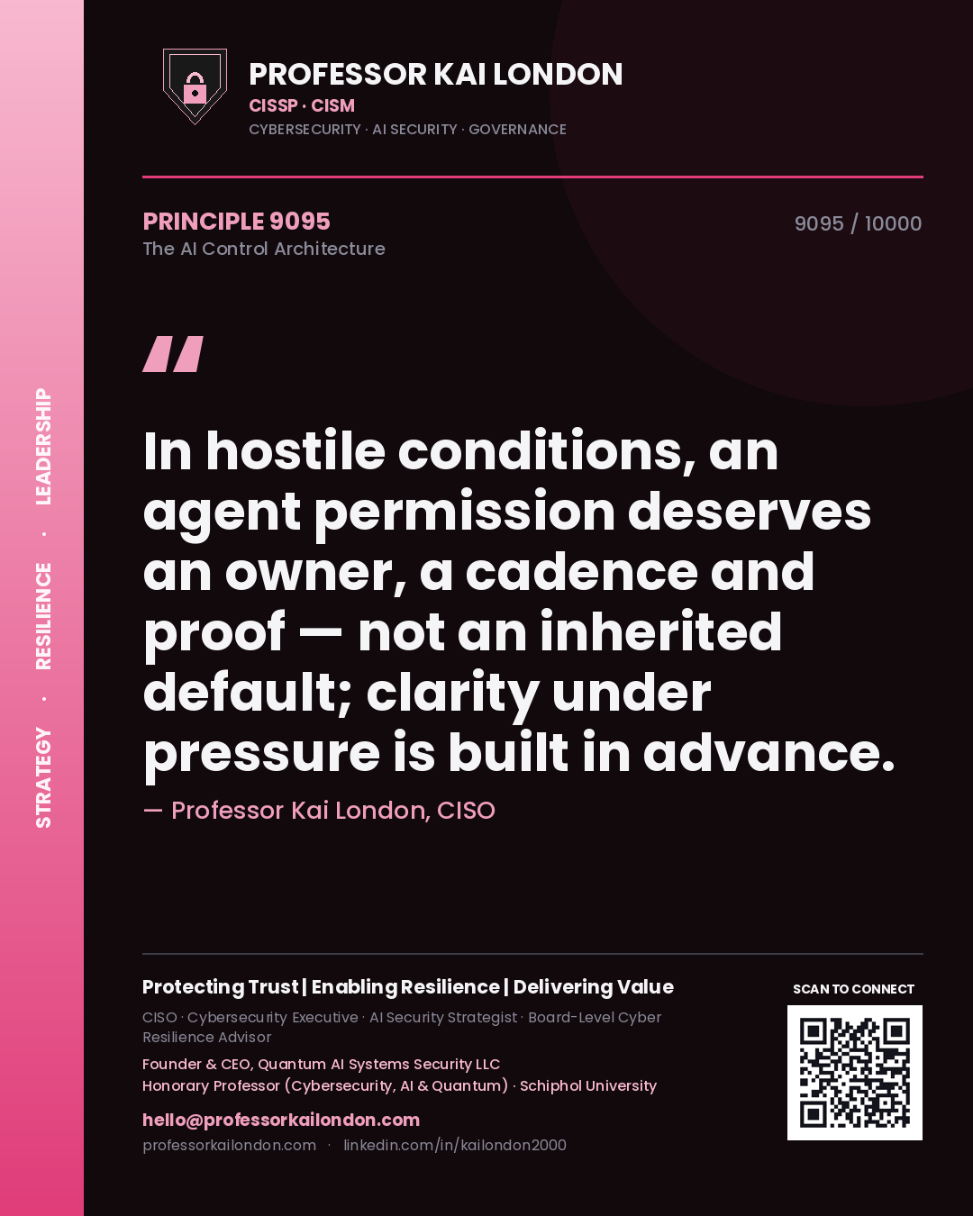 Professor Kai London principle 9095: In hostile conditions, an agent permission deserves an owner, a cadence and proof — not an inherited default; clarity under pressure is built in advance.