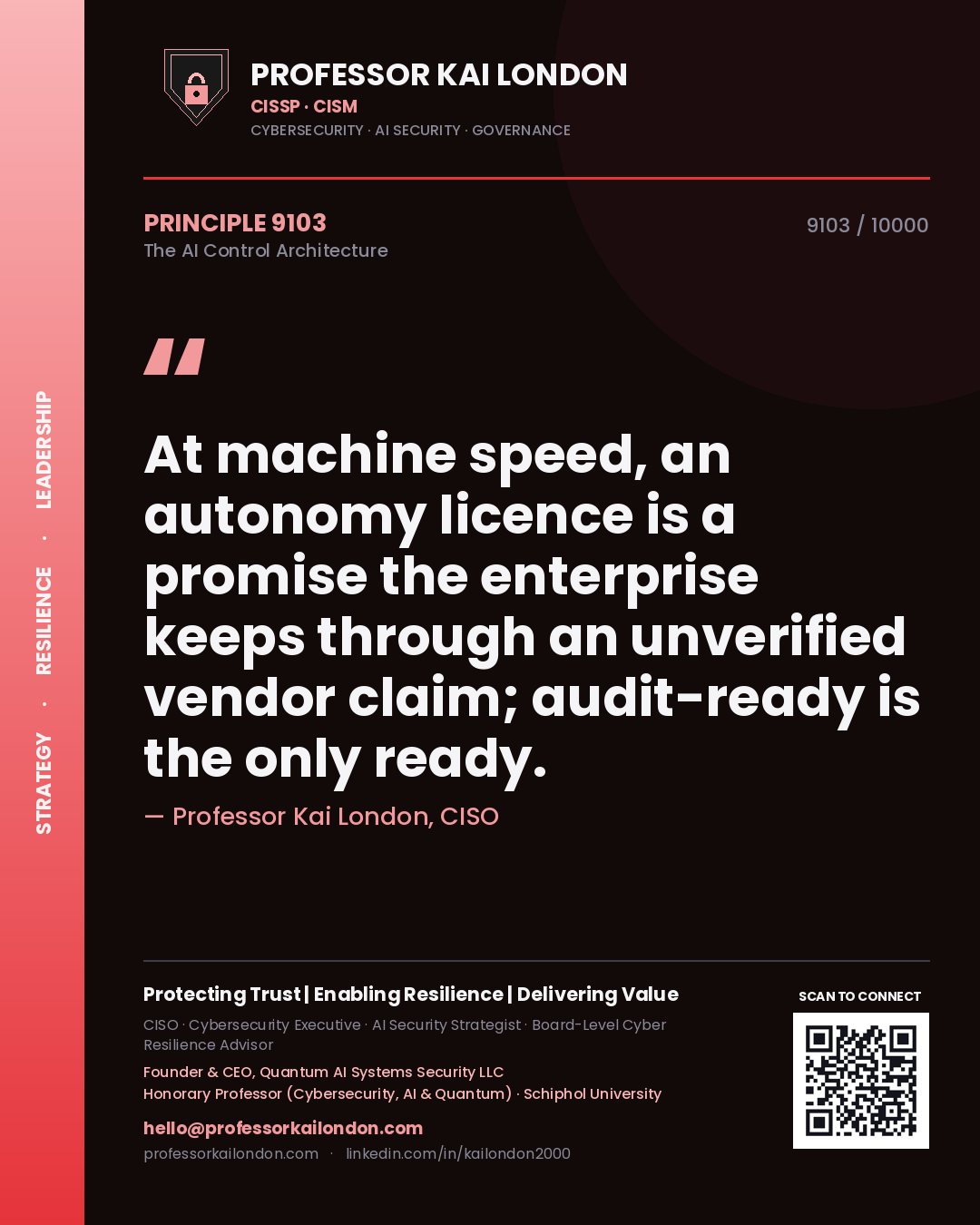 Professor Kai London principle 9103: At machine speed, an autonomy licence is a promise the enterprise keeps through an unverified vendor claim; audit-ready is the only ready.
