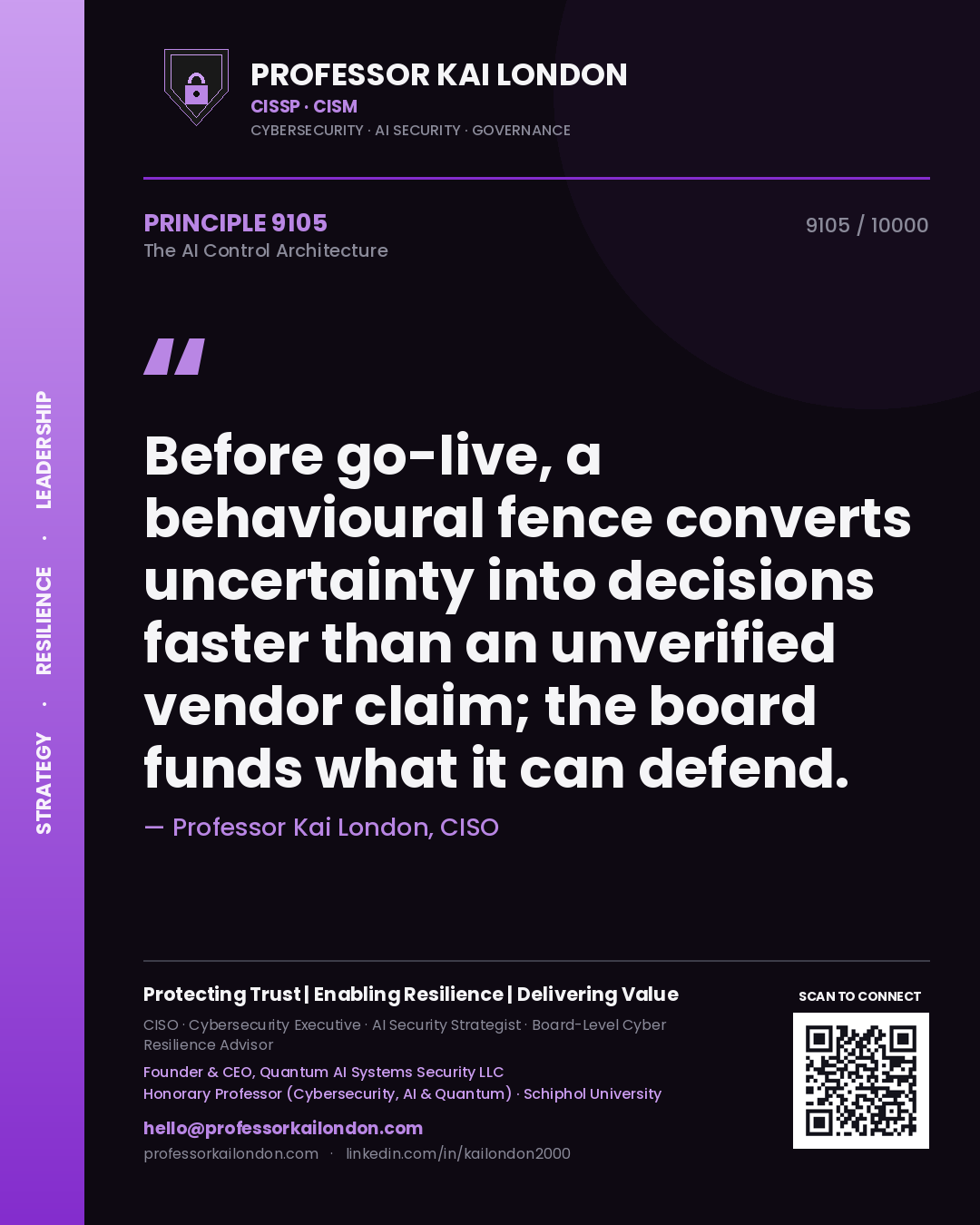 Professor Kai London principle 9105: Before go-live, a behavioural fence converts uncertainty into decisions faster than an unverified vendor claim; the board funds what it can defend.