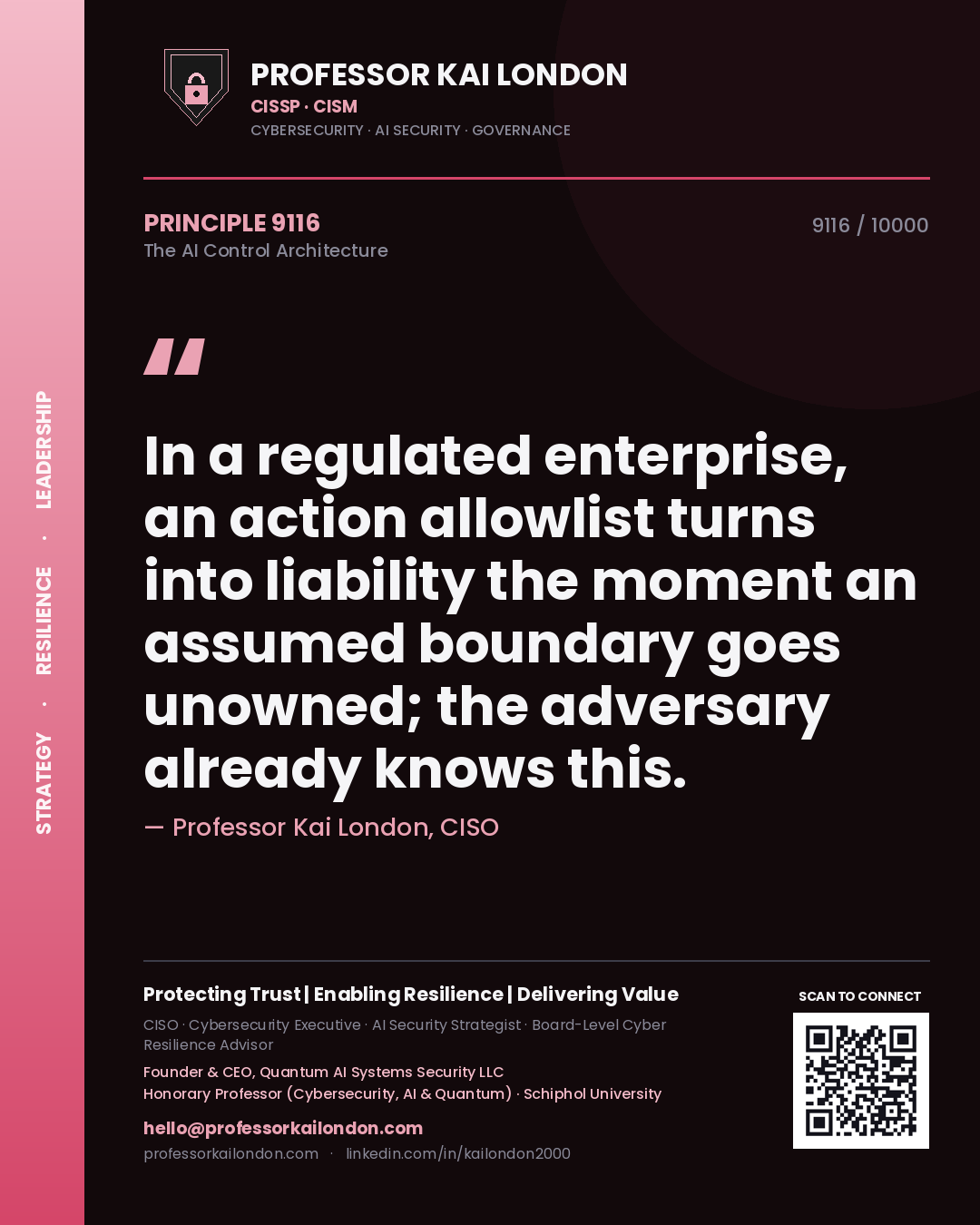 Professor Kai London principle 9116: In a regulated enterprise, an action allowlist turns into liability the moment an assumed boundary goes unowned; the adversary already knows this.