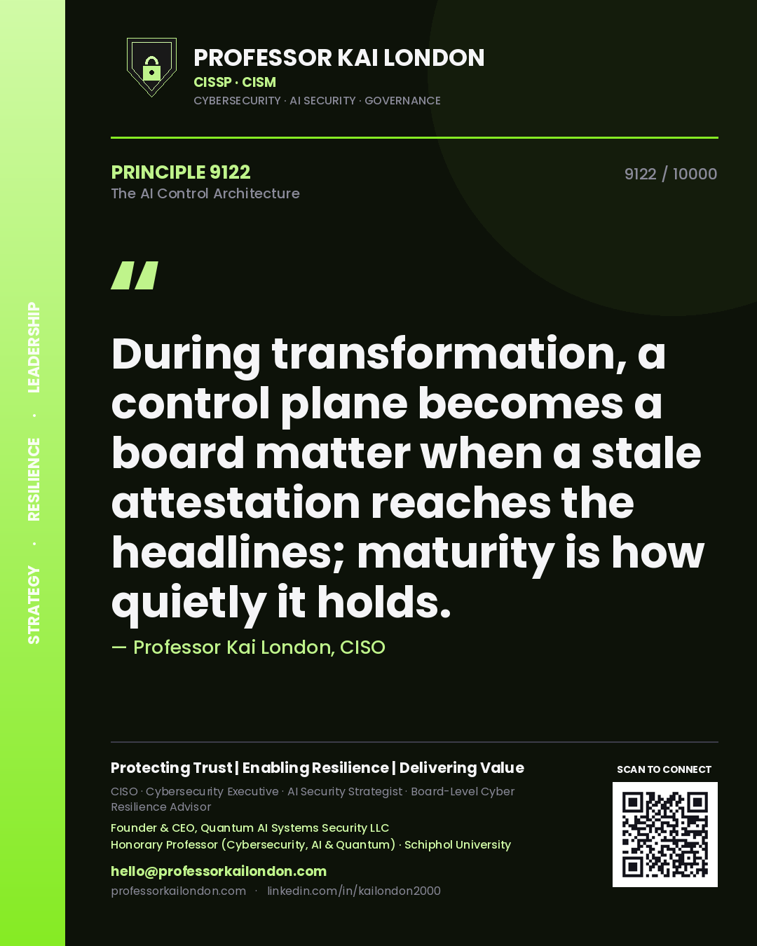 Professor Kai London principle 9122: During transformation, a control plane becomes a board matter when a stale attestation reaches the headlines; maturity is how quietly it holds.