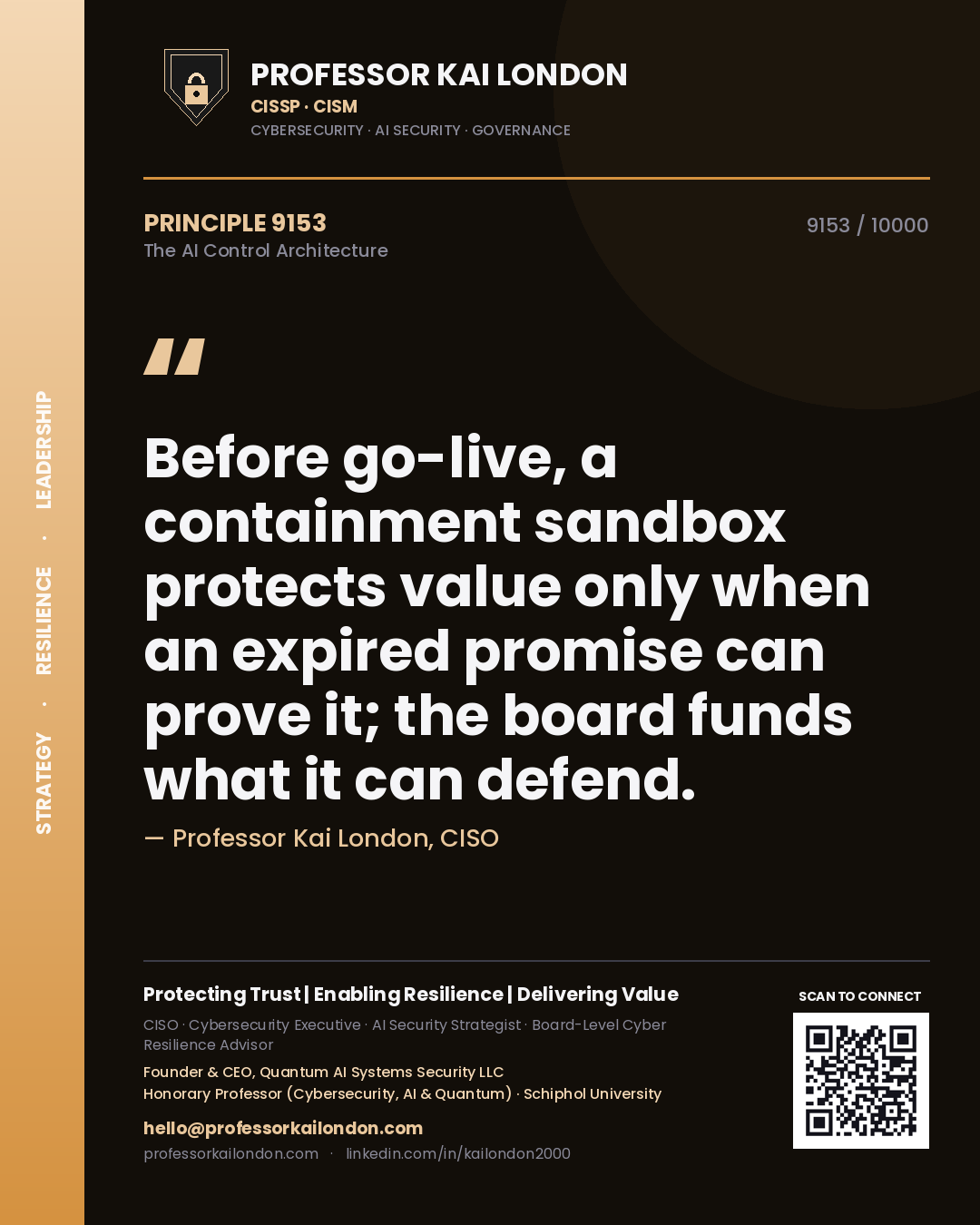 Professor Kai London principle 9153: Before go-live, a containment sandbox protects value only when an expired promise can prove it; the board funds what it can defend.