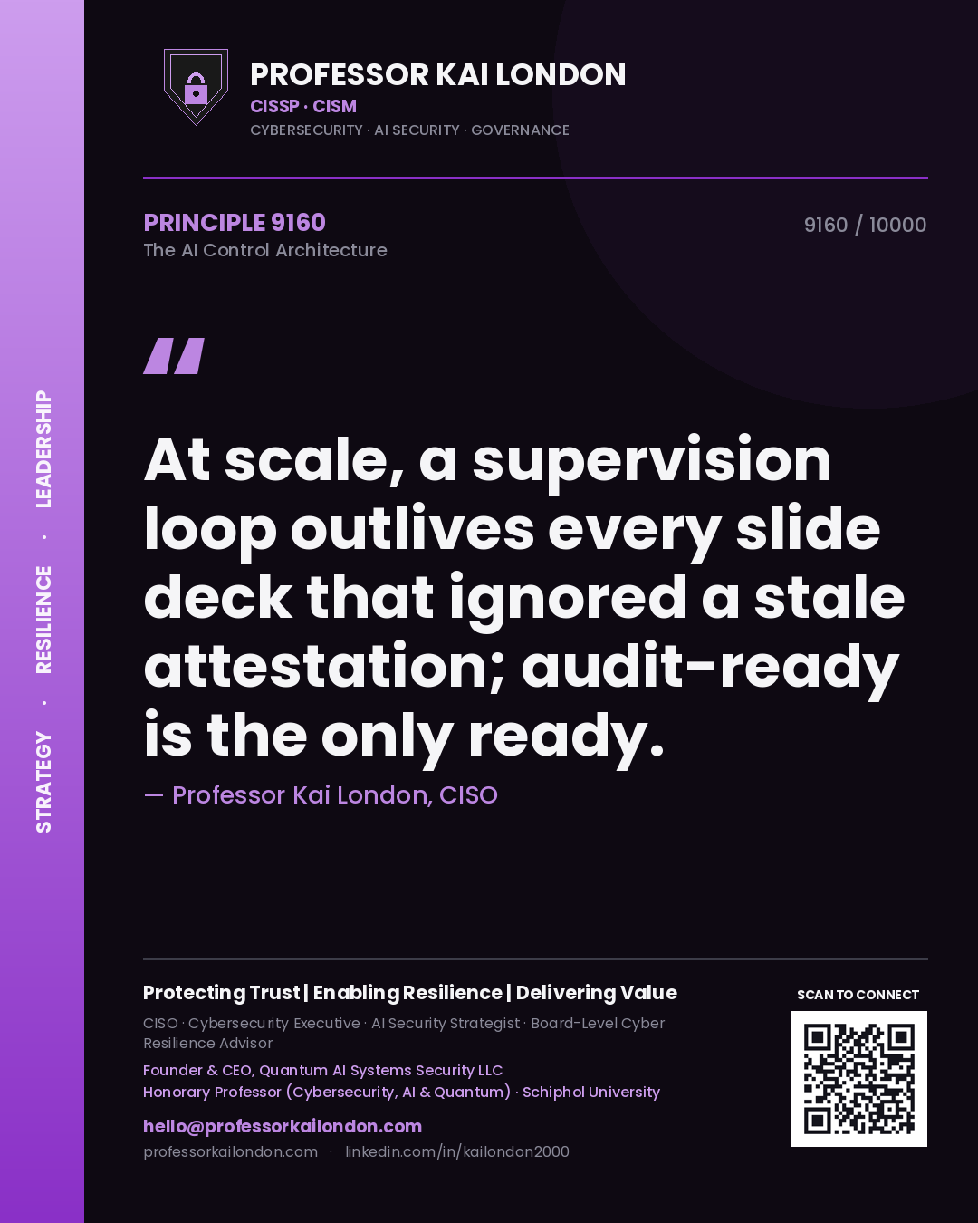 Professor Kai London principle 9160: At scale, a supervision loop outlives every slide deck that ignored a stale attestation; audit-ready is the only ready.