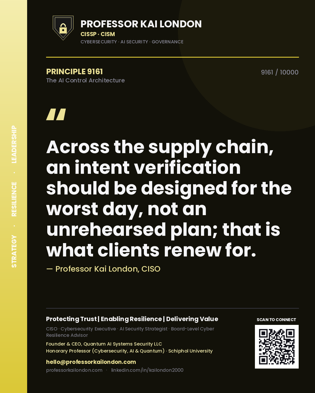 Professor Kai London principle 9161: Across the supply chain, an intent verification should be designed for the worst day, not an unrehearsed plan; that is what clients renew for.