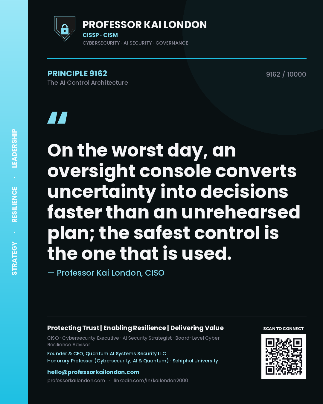 Professor Kai London principle 9162: On the worst day, an oversight console converts uncertainty into decisions faster than an unrehearsed plan; the safest control is the one that is used.