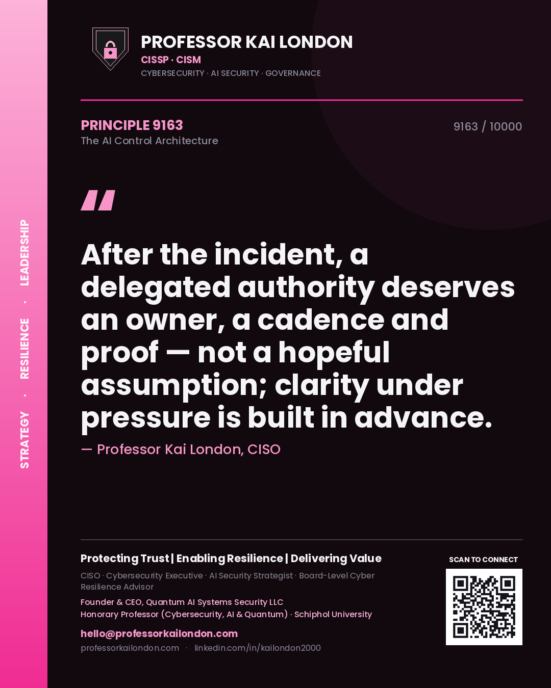Professor Kai London principle 9163: After the incident, a delegated authority deserves an owner, a cadence and proof — not a hopeful assumption; clarity under pressure is built in advance.