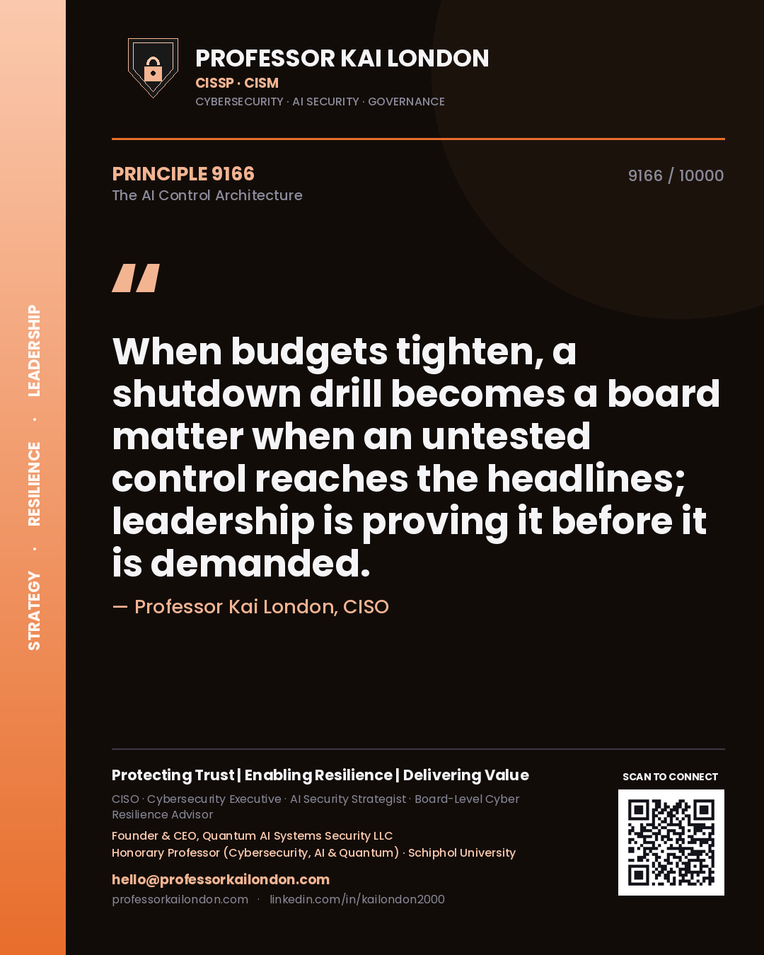 Professor Kai London principle 9166: When budgets tighten, a shutdown drill becomes a board matter when an untested control reaches the headlines; leadership is proving it before it is demanded.