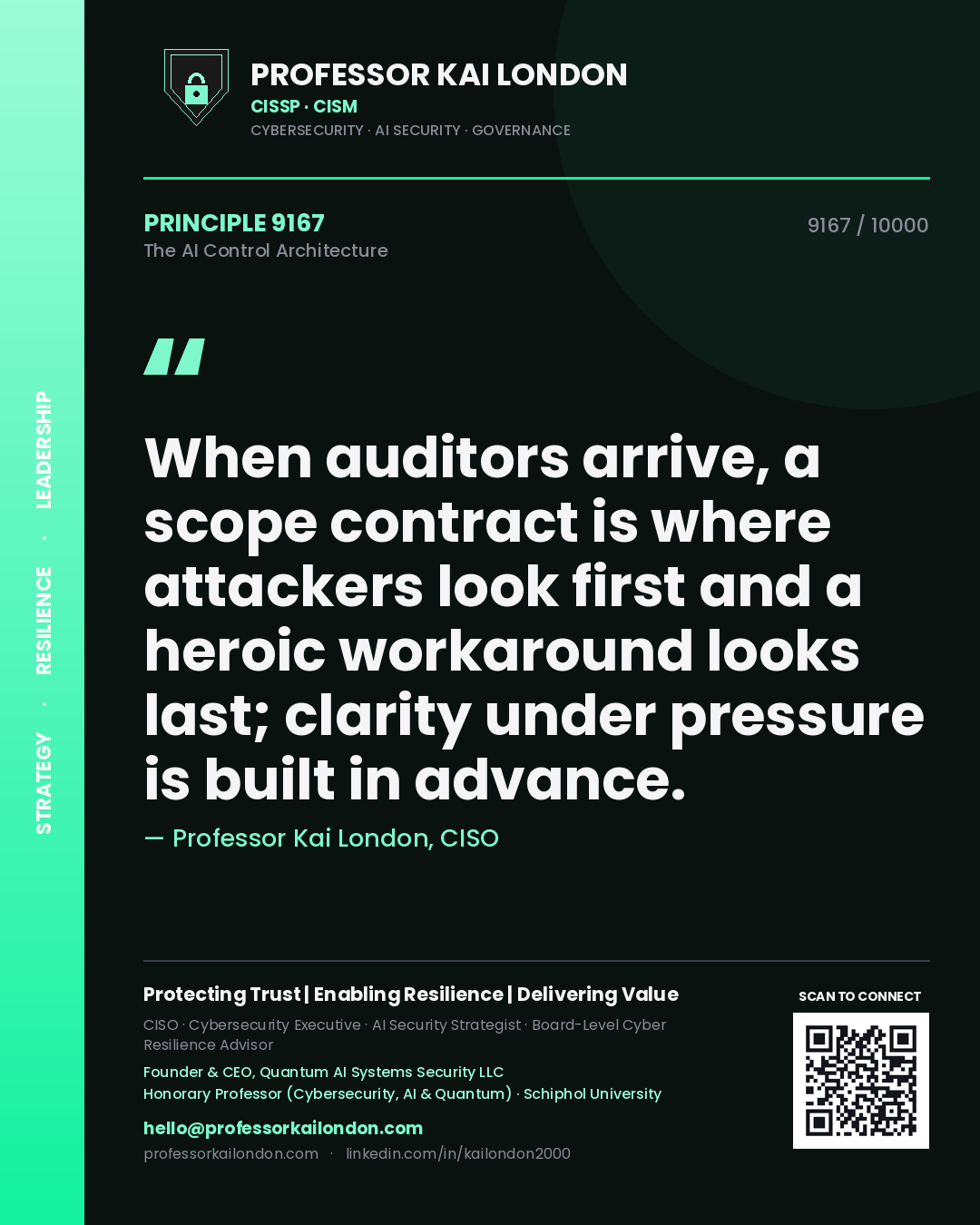 Professor Kai London principle 9167: When auditors arrive, a scope contract is where attackers look first and a heroic workaround looks last; clarity under pressure is built in advance.