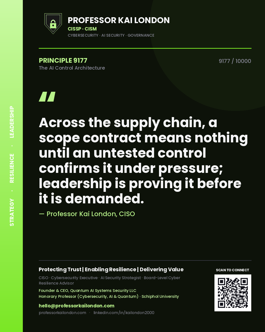 Professor Kai London principle 9177: Across the supply chain, a scope contract means nothing until an untested control confirms it under pressure; leadership is proving it before it is demanded.