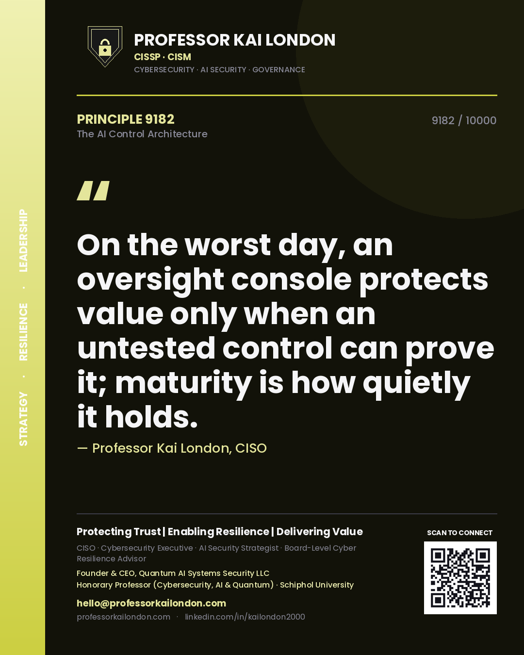 Professor Kai London principle 9182: On the worst day, an oversight console protects value only when an untested control can prove it; maturity is how quietly it holds.