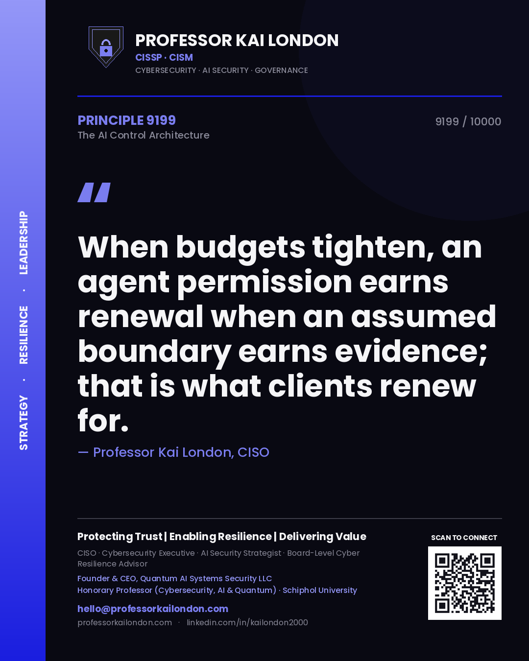 Professor Kai London principle 9199: When budgets tighten, an agent permission earns renewal when an assumed boundary earns evidence; that is what clients renew for.