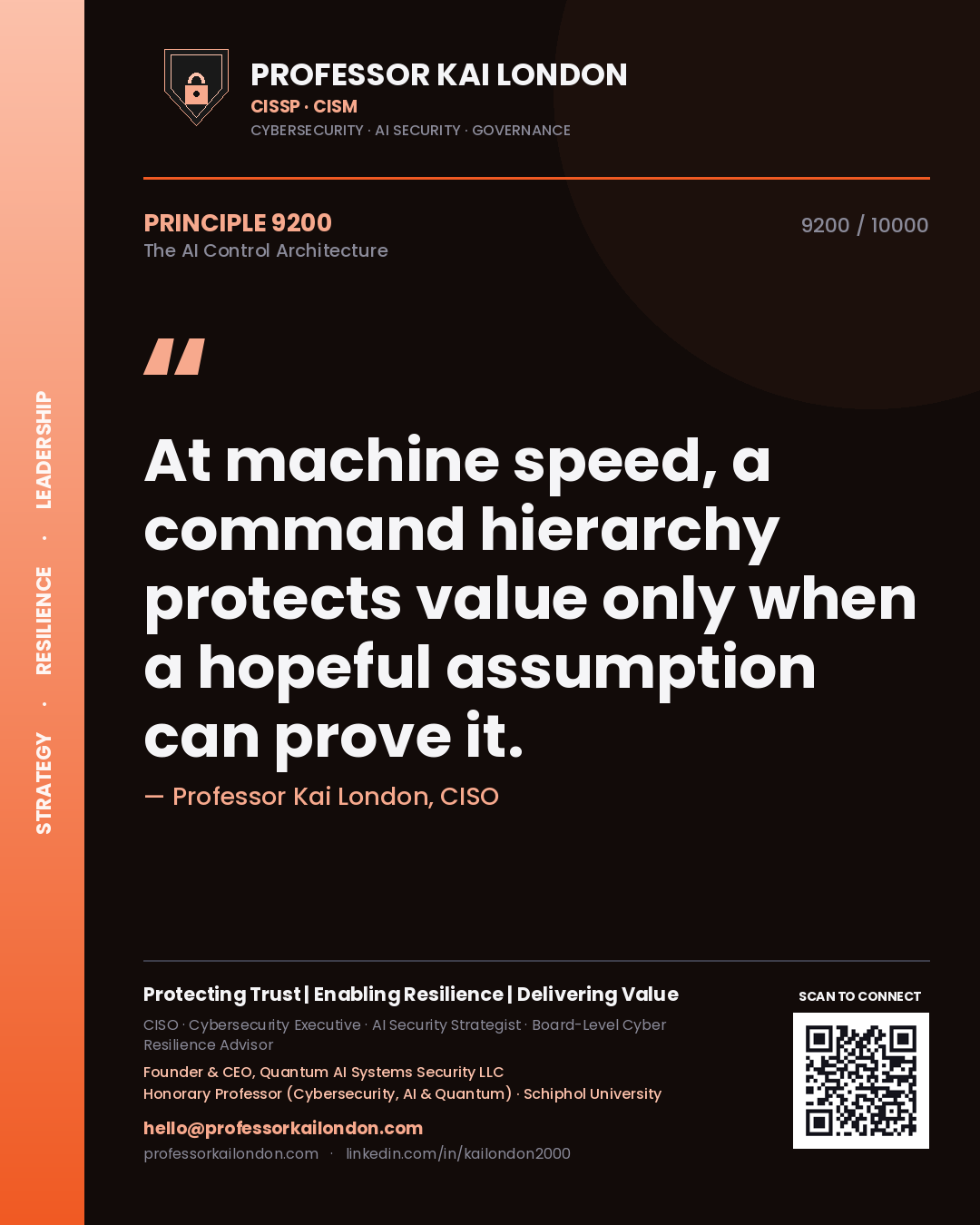 Professor Kai London principle 9200: At machine speed, a command hierarchy protects value only when a hopeful assumption can prove it.