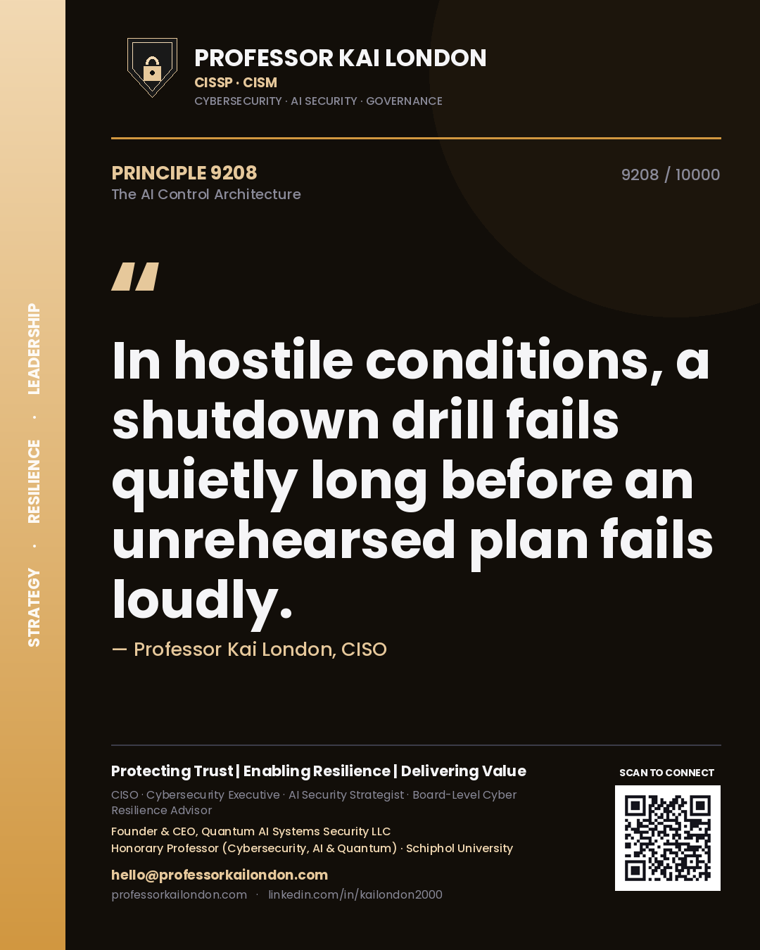 Professor Kai London principle 9208: In hostile conditions, a shutdown drill fails quietly long before an unrehearsed plan fails loudly.
