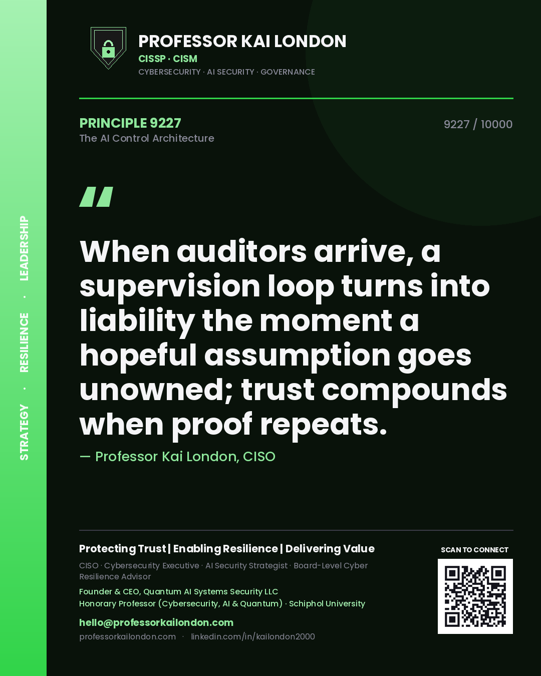 Professor Kai London principle 9227: When auditors arrive, a supervision loop turns into liability the moment a hopeful assumption goes unowned; trust compounds when proof repeats.