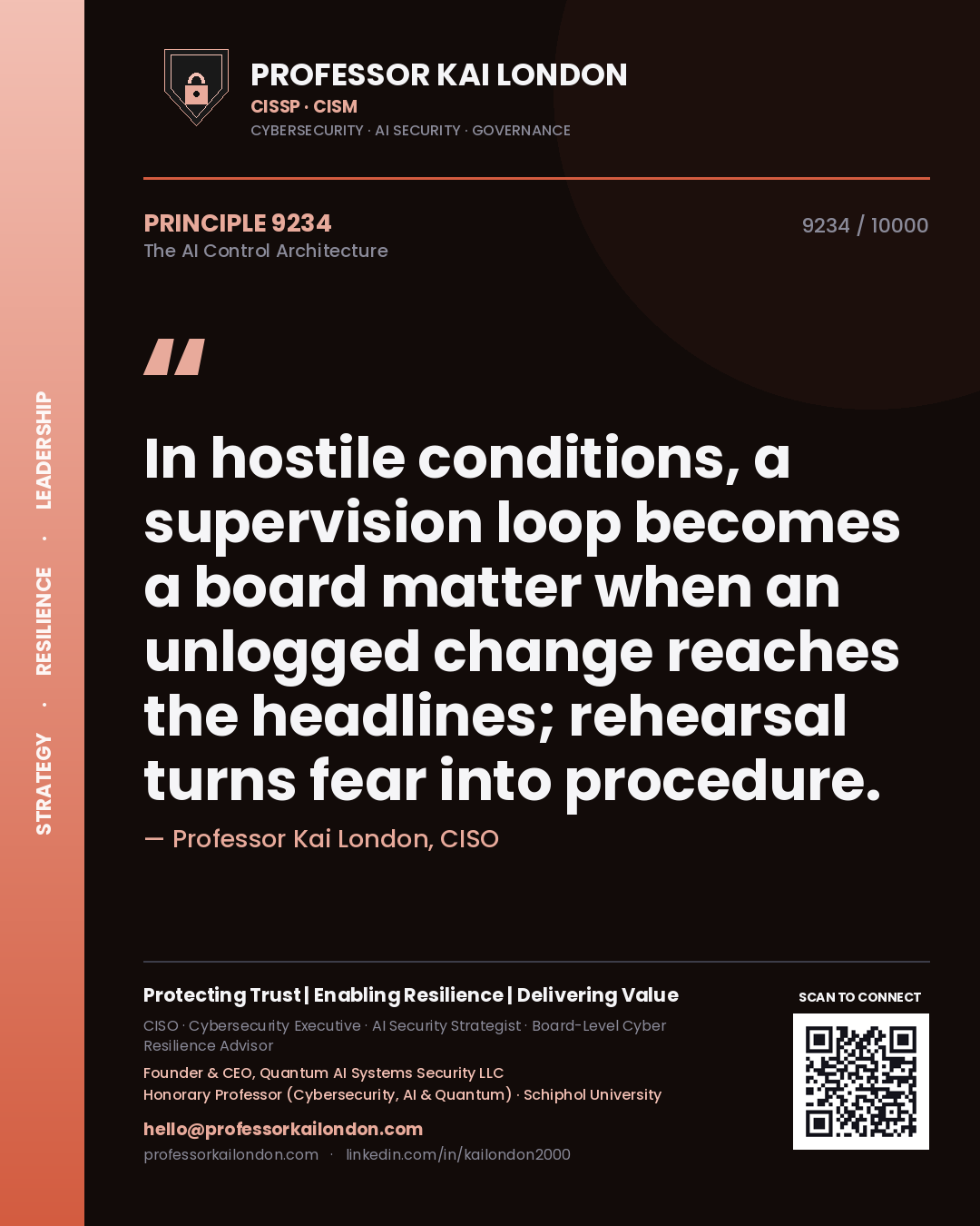 Professor Kai London principle 9234: In hostile conditions, a supervision loop becomes a board matter when an unlogged change reaches the headlines; rehearsal turns fear into procedure.