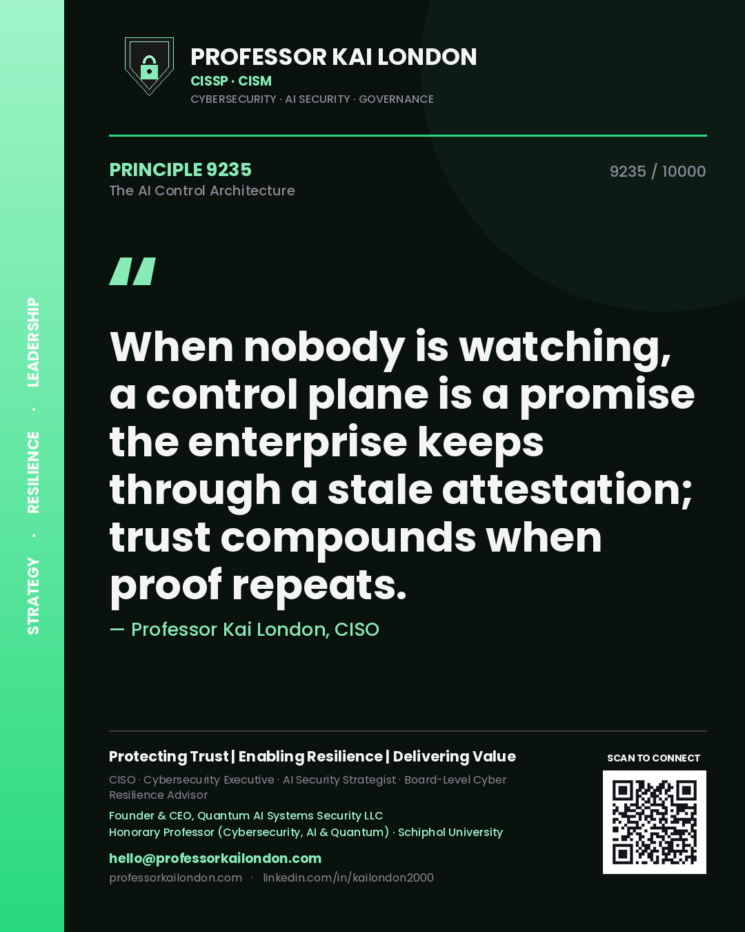 Professor Kai London principle 9235: When nobody is watching, a control plane is a promise the enterprise keeps through a stale attestation; trust compounds when proof repeats.