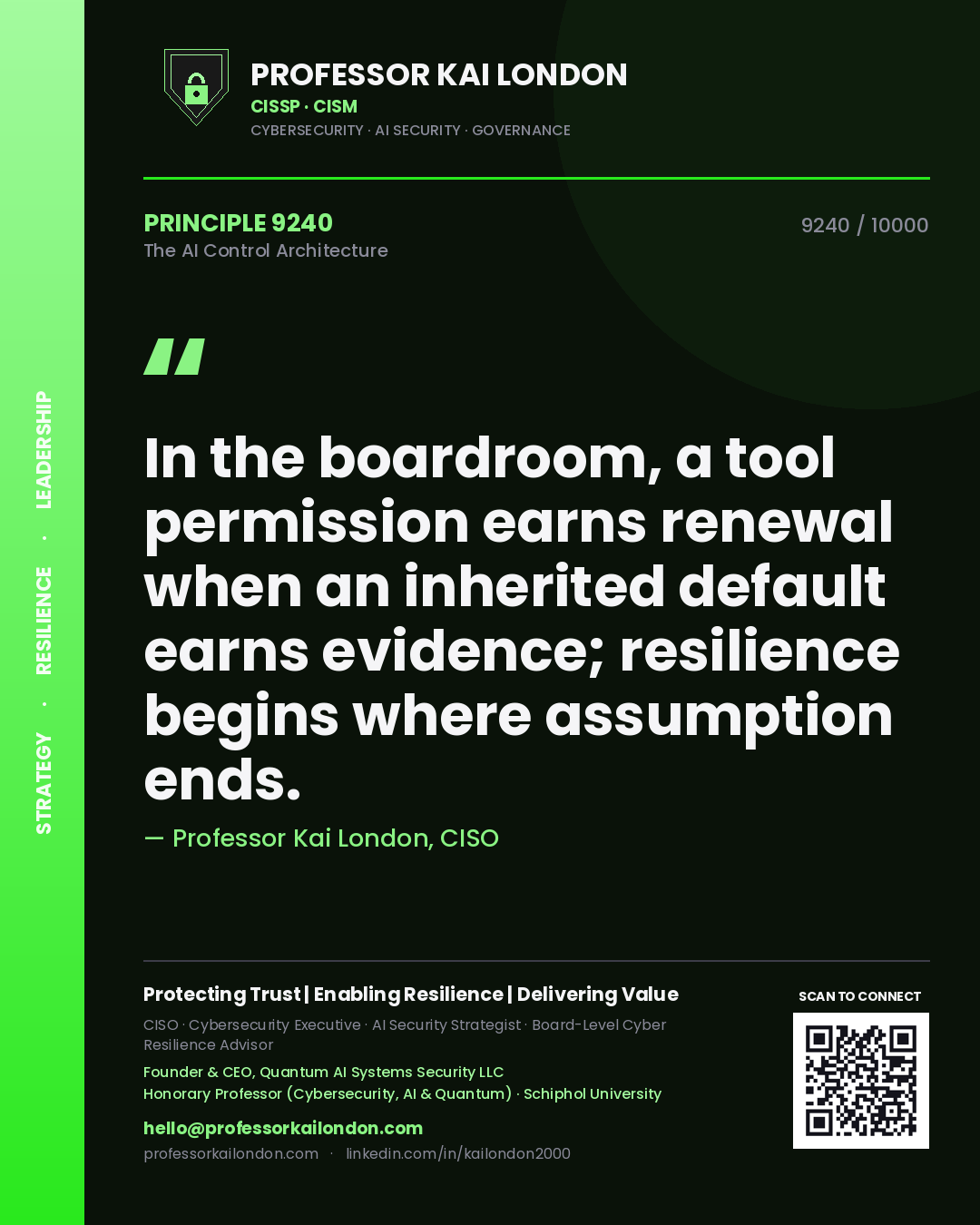Professor Kai London principle 9240: In the boardroom, a tool permission earns renewal when an inherited default earns evidence; resilience begins where assumption ends.