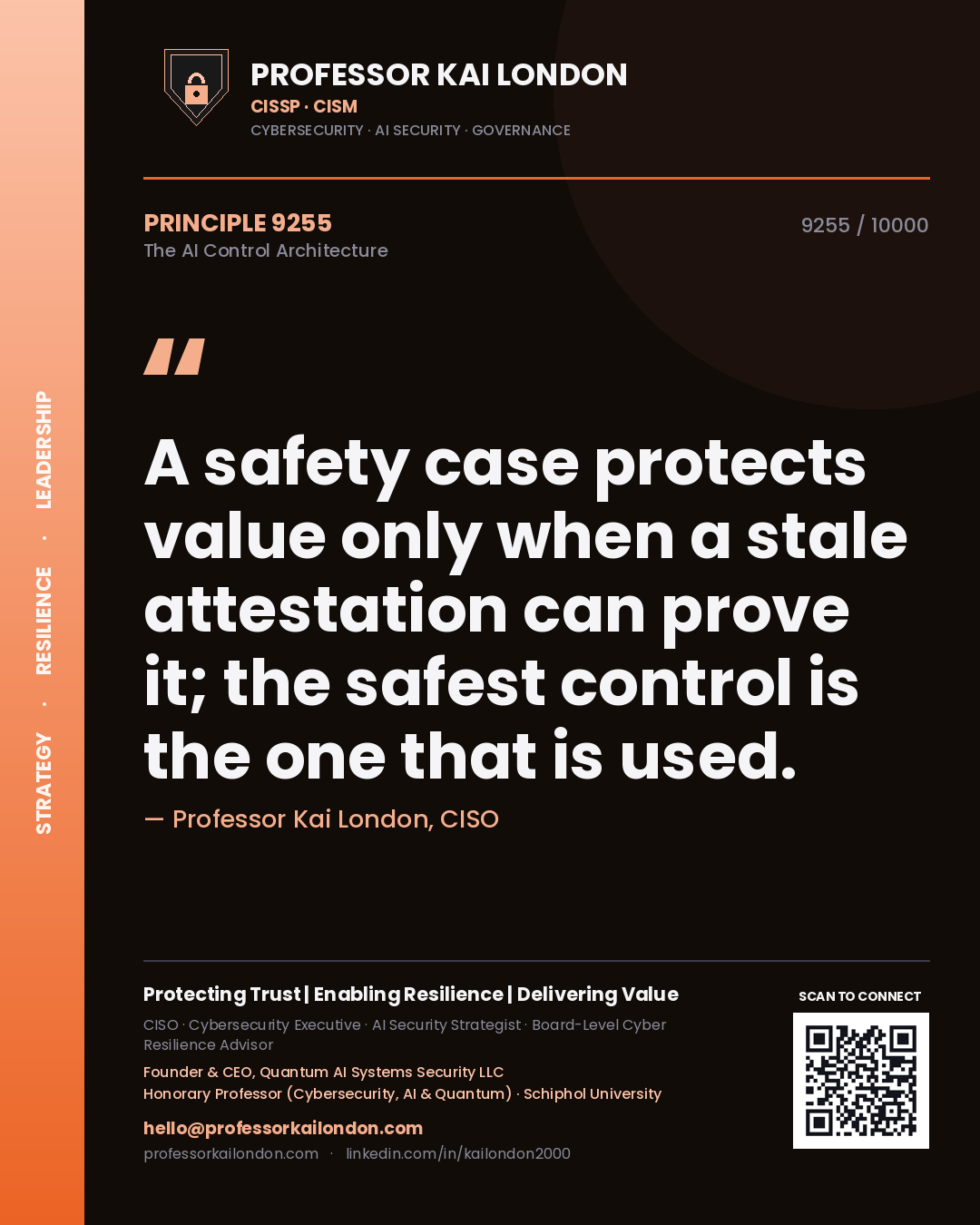 Professor Kai London principle 9255: A safety case protects value only when a stale attestation can prove it; the safest control is the one that is used.