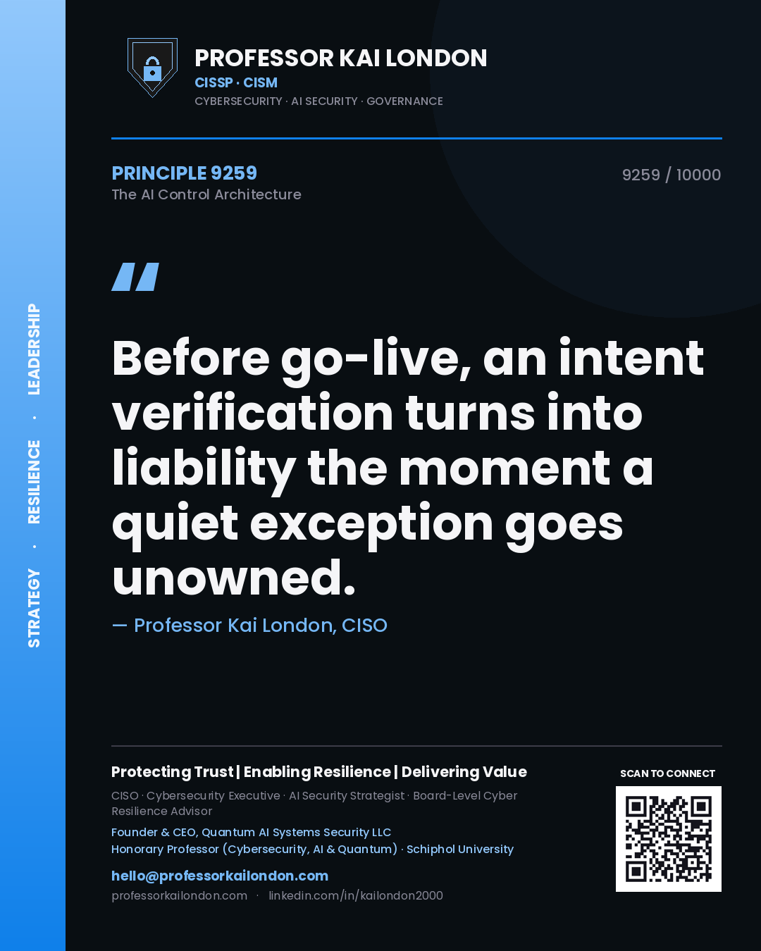 Professor Kai London principle 9259: Before go-live, an intent verification turns into liability the moment a quiet exception goes unowned.