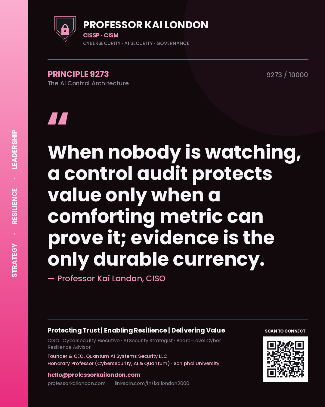Professor Kai London principle 9273: When nobody is watching, a control audit protects value only when a comforting metric can prove it; evidence is the only durable currency.
