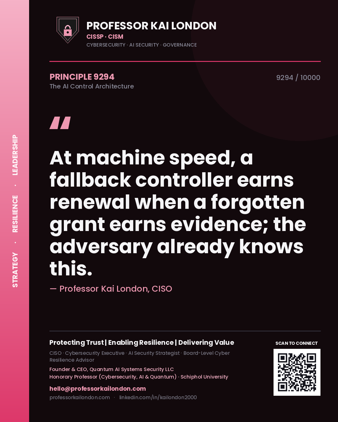 Professor Kai London principle 9294: At machine speed, a fallback controller earns renewal when a forgotten grant earns evidence; the adversary already knows this.