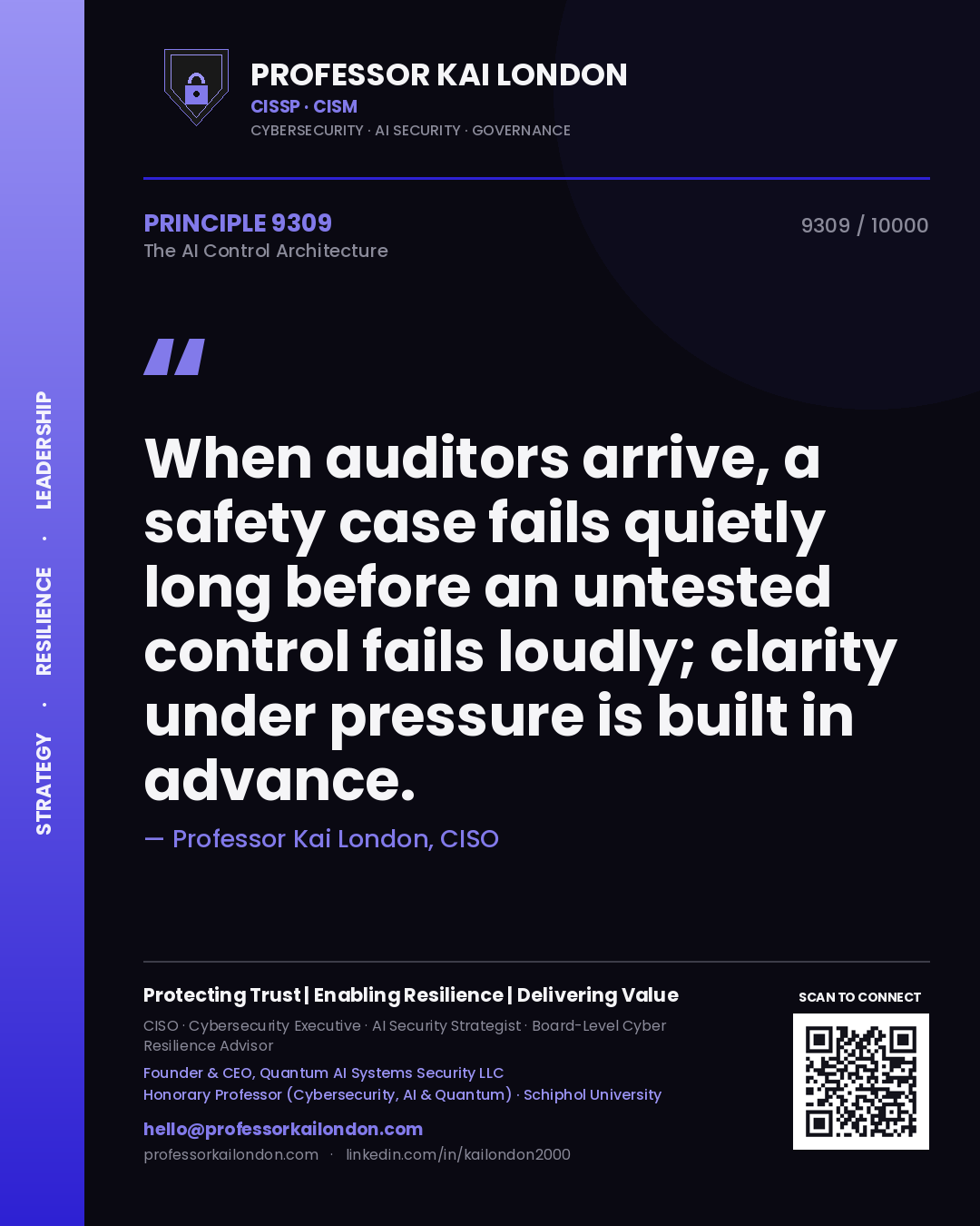 Professor Kai London principle 9309: When auditors arrive, a safety case fails quietly long before an untested control fails loudly; clarity under pressure is built in advance.