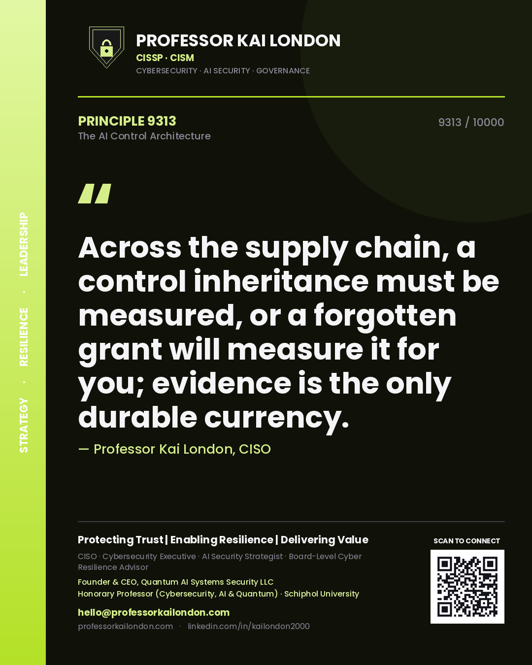 Professor Kai London principle 9313: Across the supply chain, a control inheritance must be measured, or a forgotten grant will measure it for you; evidence is the only durable currency.