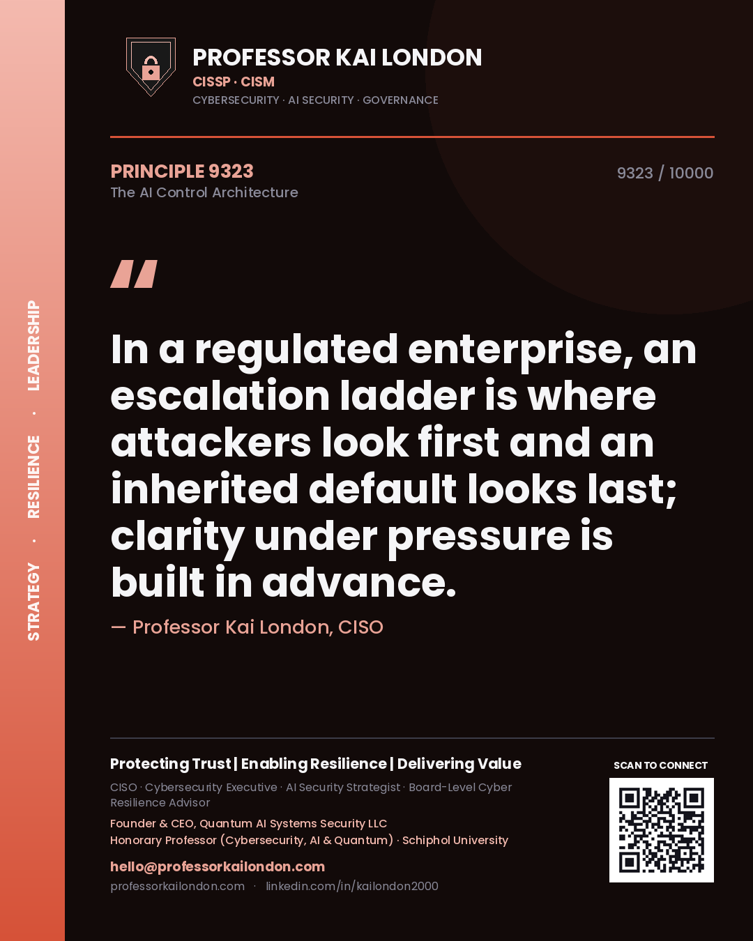 Professor Kai London principle 9323: In a regulated enterprise, an escalation ladder is where attackers look first and an inherited default looks last; clarity under pressure is built in advance.