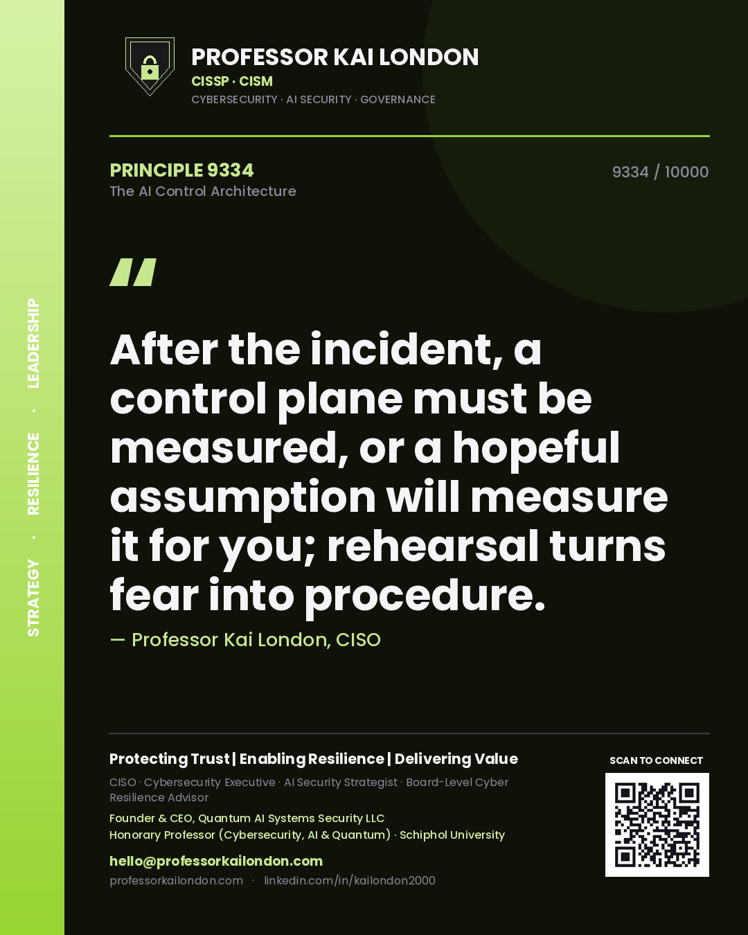 Professor Kai London principle 9334: After the incident, a control plane must be measured, or a hopeful assumption will measure it for you; rehearsal turns fear into procedure.