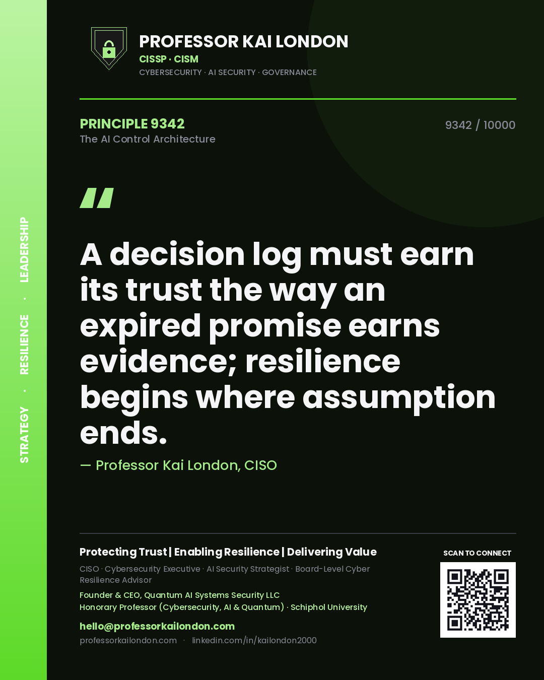 Professor Kai London principle 9342: A decision log must earn its trust the way an expired promise earns evidence; resilience begins where assumption ends.