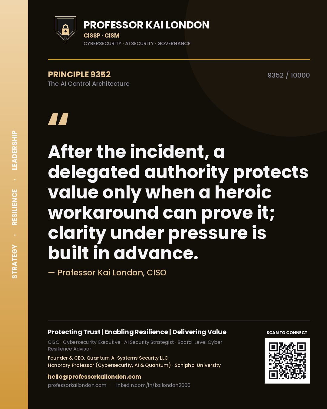 Professor Kai London principle 9352: After the incident, a delegated authority protects value only when a heroic workaround can prove it; clarity under pressure is built in advance.