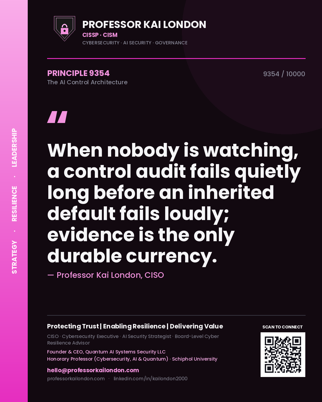 Professor Kai London principle 9354: When nobody is watching, a control audit fails quietly long before an inherited default fails loudly; evidence is the only durable currency.